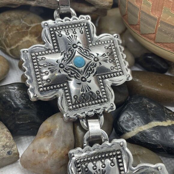 Womens Western Southwest Silver Cross Chain belt adjustable TO 40" Turquoise - Picture 3 of 7